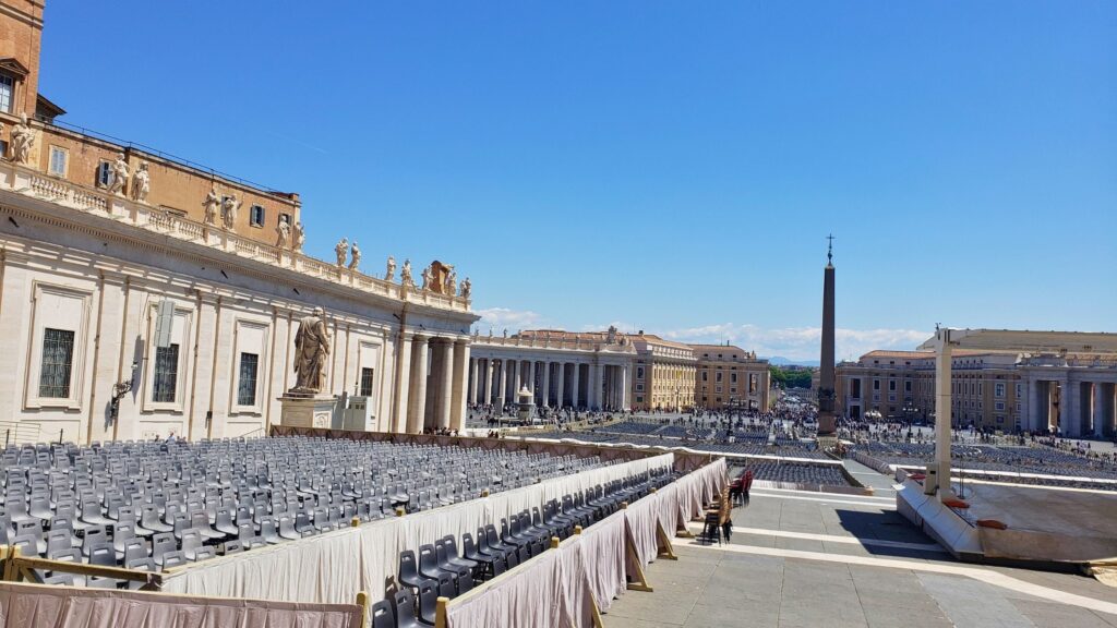 Rows of thousands of empty chairs set up in St. Peter's Square for a Papal audience.