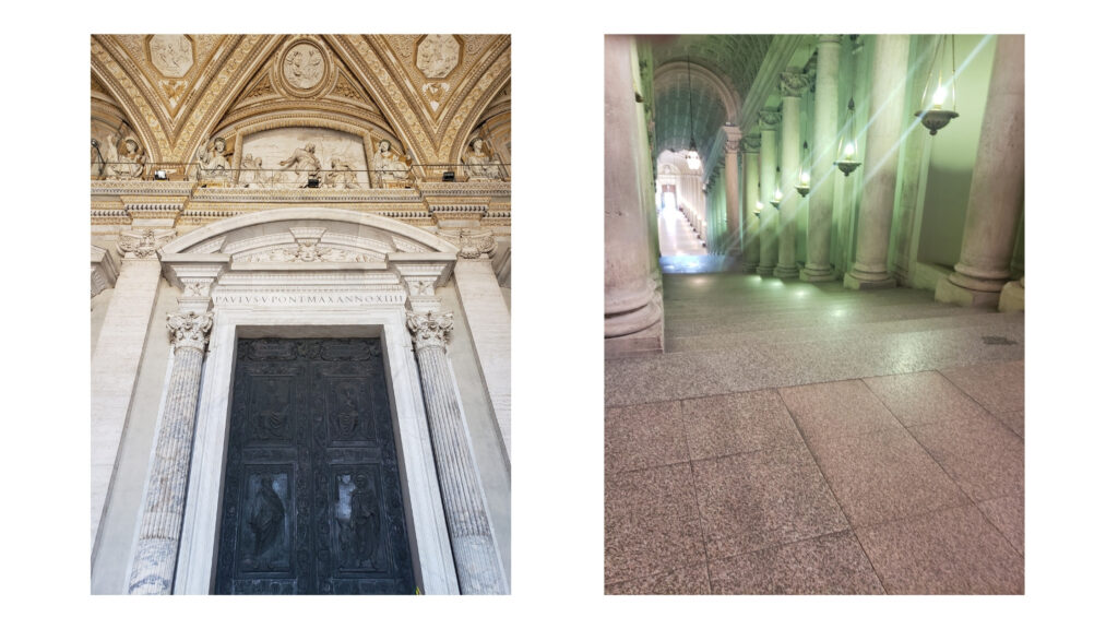 A wide staircase with marble columns inside the Vatican. & Intricate coffered gold ceiling inside the long hallway of the Vatican Museums.