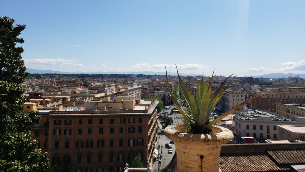 Panoramic view of Roman rooftops and the Vatican gardens seen from a museum terrace on a sunny day.