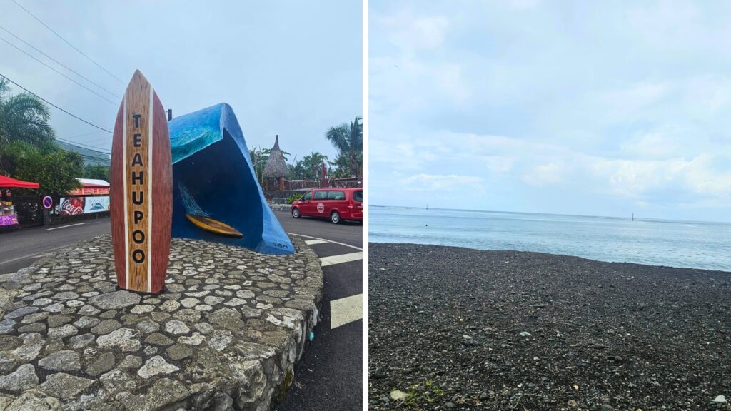 Teahupo’o surfboard landmark and black sand beach at the Olympic Surfing Site in Tahiti, French Polynesia