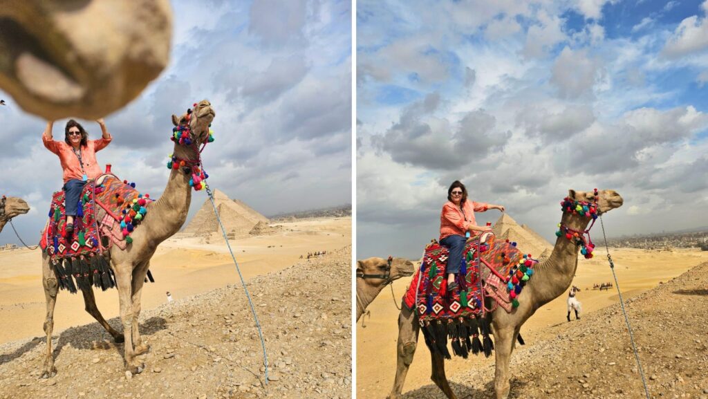 Traveler riding a decorated camel with the Pyramids of Giza in the background, Egypt desert tour experience